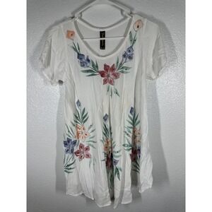 Sunflower Tunic Top Womens Free Size White Floral Rhinestone Boho Rayon Crinkle